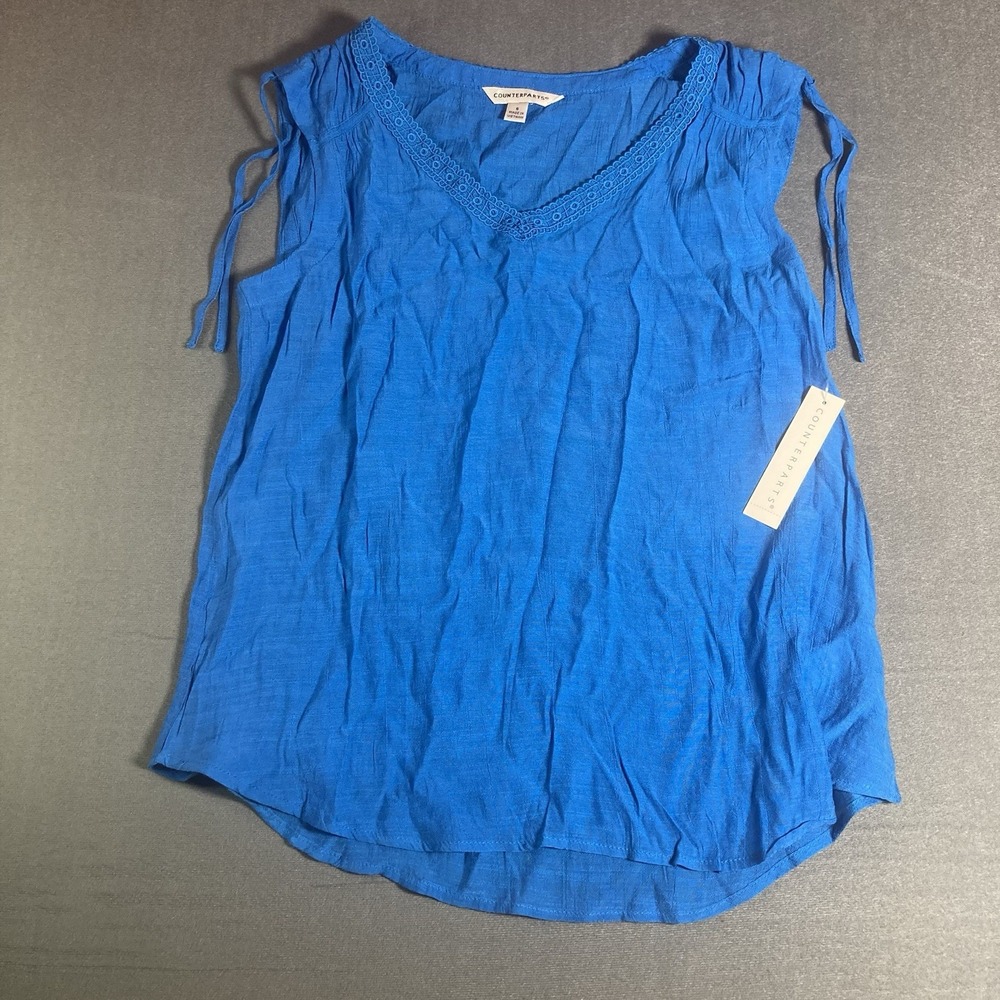 Counterparts Blue Sleeveless Blouse V-Neck Lace Trim Crinkle Tank Top Small NWT